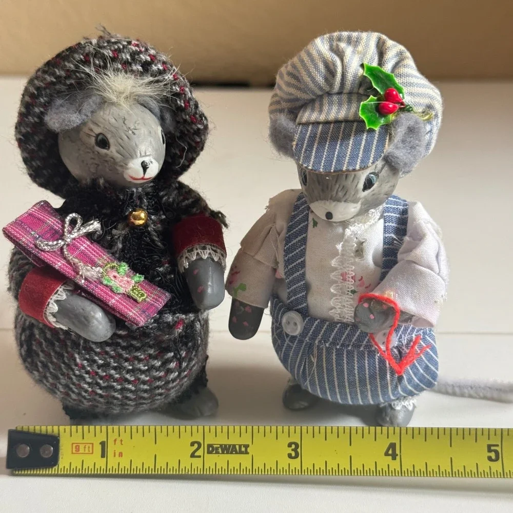 Vintage Christmas Mouse Figurines Set of 2 Festive Grey Mice Holiday Decor 4in
